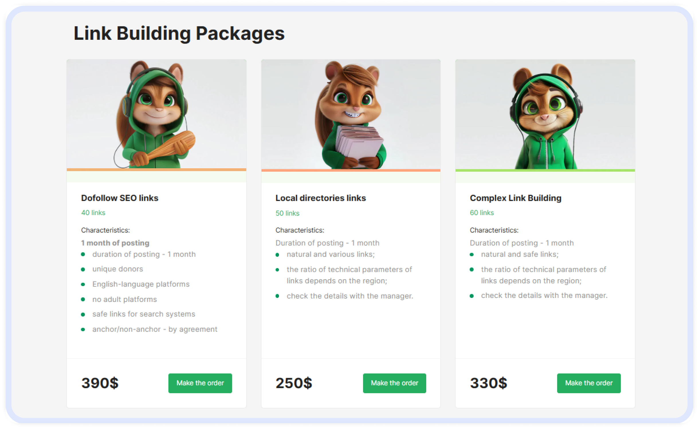 Brancitations' Link Packages. Three illustrated link-building packages with mascot characters: Dofollow SEO links, Local Directory links, and a Complex Link Building bundle, each with key features and a “Make the order” button.