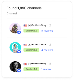Telegram channels with ratings, review counts, and performance indicators in a list format in Collaborator`s catalog